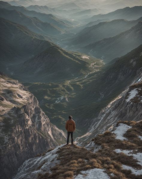 A man stands on the edge of a mountain cliff, dressed in a brown jacket and dark pants, overlooking a vast and dramatic landscape. The scene is breathtaking, with rugged mountains and deep valleys stretching out into the distance under a hazy sky. Available on Deviant Art-https://www.deviantart.com/snakesa/art/A-man-standing-on-a-mountain-cliff-1074709292 #man #ai #AI #aigenerated #aigeneratedart #3d #3dart #man #mountain #nature #sky #cliff #art Cliff Art, Mountain Cliff, Rugged Mountains, Dramatic Landscape, Mountain Nature, Hiking Aesthetic, Deviant Art, Man Standing, Brown Jacket