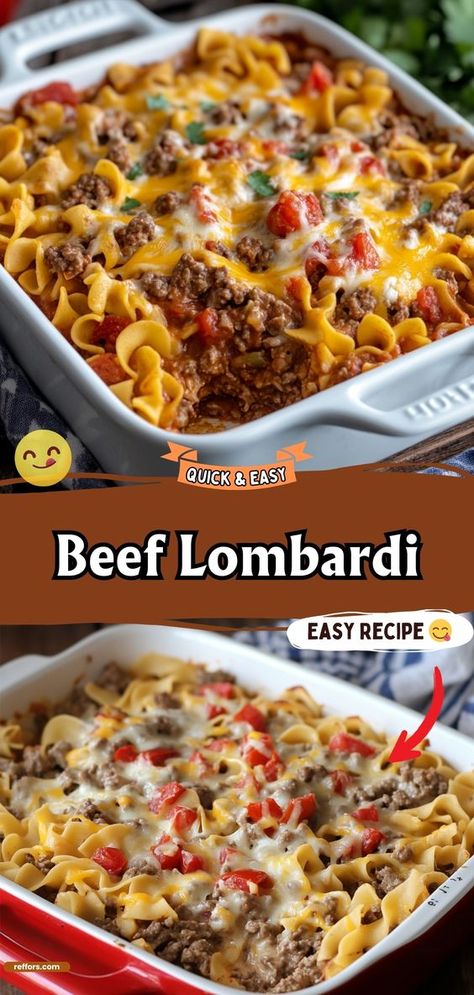 Indulge in the rich, savory flavors of this Beef Lombardi. A hearty casserole layered with beef, noodles, and a creamy sauce, it's a comforting dish that everyone will love. #BeefCasserole #ComfortFood #FamilyDinner Beef Lombardi Recipe, Sides For Beef And Noodles, Beef Lombardi Casserole Recipe, Beef Lombardi Casserole 12 Tomatoes, Beef And Macaroni Casserole, Quick And Easy Dinner Recipes With Ground Beef Casseroles, Crazy Good Casserole Recipe, Macaroni Beef Casserole, Beef Casseroles Ground