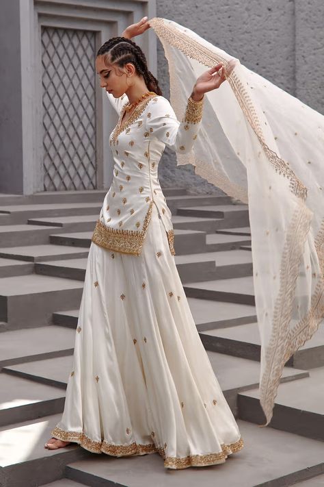 Buy Jigar Mali White Dupion Silk Embroidered Kurta Sharara Set Online | Aza Fashions White Sharara, Kurta Sharara Set, Kurta Sharara, Pakistani Wedding Outfits, White Flares, Pakistani Fashion Party Wear, Desi Clothes, Indian Dresses Traditional, Dupion Silk