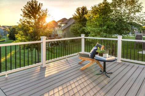 Backyard Deck Ideas from Kansas City, MO | Trex Trex Patio, Trex Enhance, Deck Stair Railing, Trex Composite Decking, Deck Cost, Patio Railing, Composite Decking Boards, Deck Colors, Composite Deck