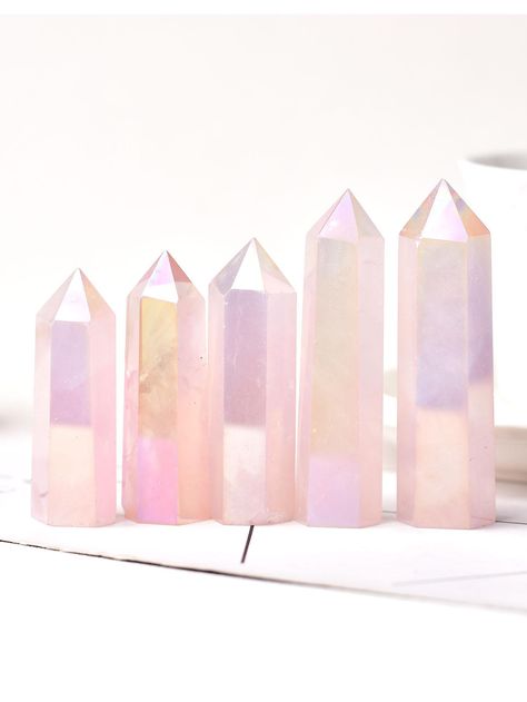 1pc Natural Aura Rose Quartz Crystal Point Wand For Healing Crystal Meditation Home Decoration And Chakra TowerI discovered amazing products on SHEIN.com, come check them out! Rose Aura Quartz, Aura Rose Quartz, Office Table Decor, Bohemian Rainbow, Rose Quartz Healing, Healing Wands, Crystal Pyramid, Meditation Stones, Rainbow Crystal