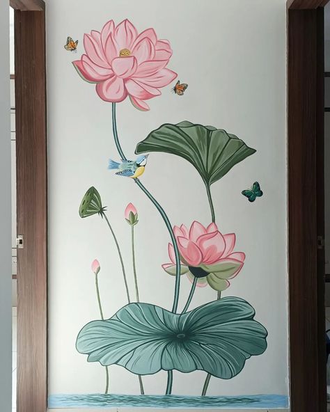 lotus wall painting +91 9428940135 Lotus Flower Wall Painting, Lotus Wall Painting Ideas, Wall Painting Ideas For Balcony, Lotus Painting On Wall, Mix Medium Art, Lotus Wall Painting, Janmashtami Painting, Lotus Mural, Wall Painting Flowers