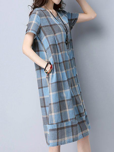 Checkered/Plaid Crew Neck Short Sleeve Buttoned Midi Dress Checkers Dress, Kain Linen, Fashion Outfits Plus Size, Pocket Tunic, Mini Bodycon Dress, Checkered Dress, Mini Robes, Princess Outfits, Pregnancy Outfits