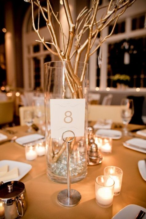 gold twig centerpieces | gold-silver-branch-centerpiece - Elizabeth Anne Designs: The Wedding ... Twig Centerpieces, Floral Themed Wedding, Christmas Greens, Branch Centerpieces, Gold Twigs, 50th Wedding Anniversary Party, Gold Branches, Lighted Branches, 50th Anniversary Party