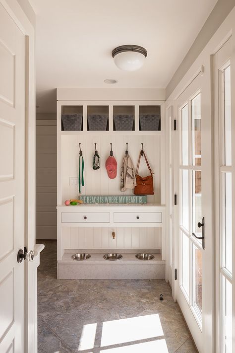 Custom Built-ins for dog food | Mudroom Dog Feeding Station In Mudroom, Dog Built Ins, Built In Water Bowl For Dogs, Mudroom Ideas Entryway With Dog Bowls, Mudroom Dog Food Storage, Dog Room In Mudroom, Mud Room Bench Dog Bowl, Mud Room Dog Bowls, Entryway With Dog Bowls