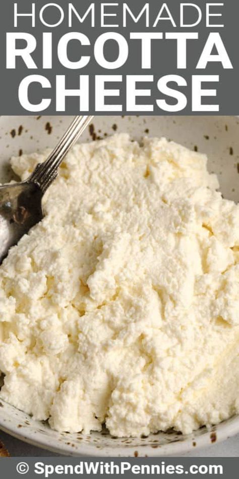 Homemade Ricotta Cheese is easy to make and tastes delicious in so many dishes. It's creamy, smooth, and rich! #spendwithpennies #ricottacheese #recipe #homemade #cheese #easy Making Ricotta Cheese At Home, Homemade Ricotta Cheese Recipes, Easy Ricotta Cheese Recipes, How To Make Ricotta Cheese, Riccota Cheese Recipes Ricotta, Homemade Cheese Recipes, Fresh Ricotta Recipe, Home Made Ricotta, Ricotta Homemade