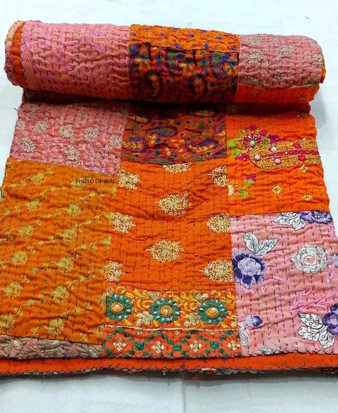 Craftmenshipindia on Instagram: "Excited to share the latest addition to my #etsy shop: Indian Cotton Patchwork Embroidered Kantha Quilt #orange #anniversary #christmas #adult #bohemianeclectic #cotton #kanthaquilt #indianvintagequilt #indiankanthaquilt https://etsy.me/3F0YYyy" Kantha Patchwork Quilt, Kantha Cloth, Paisley Quilt, Print And Embroidery, Indian Quilt, Silk Cushions Covers, Screen Printed Fabric, Velvet Quilt, Kantha Blankets