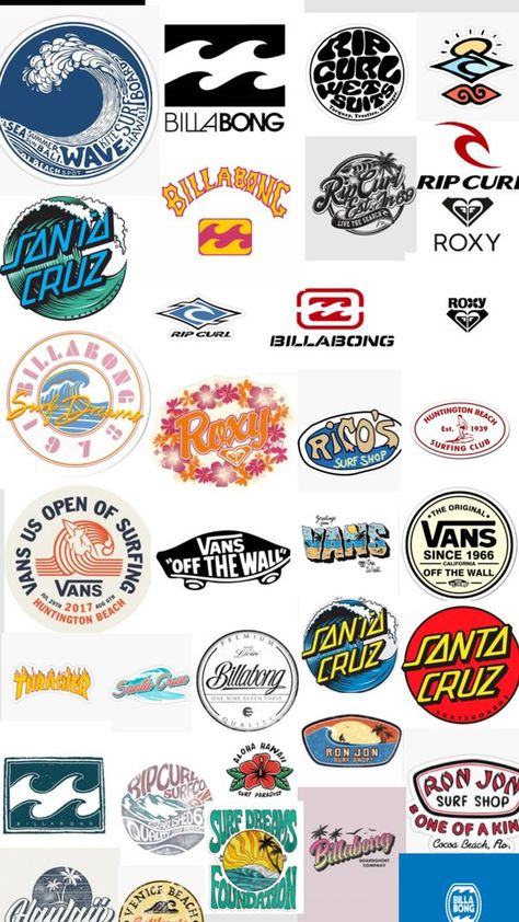 Check out bathurst111's Shuffles #surf #surflogos #surfstickers #stickers #logos #summeraesthetic #summersurf #summer #ripcurl #billabong #santacruz #vans #surfbrands Stickers On Surfboard, Surf Logos Vintage, Cute Beachy Stickers, Surf Board Stickers, Ripcurl Surf Poster, Cute Surf Boards, Ripcurl Wallpapers, Surf Stickers Vintage, Surfing Board Designs