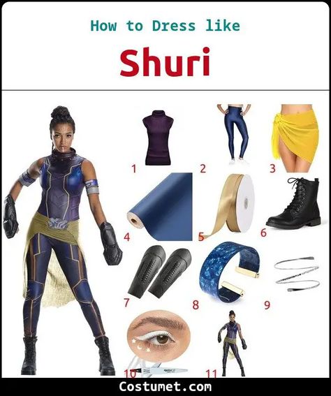 Shuri's Costume from Black Panther Black Panther Outfit Ideas Women, Shuri Outfit, Female Black Panther, Panthers Outfit, Shuri Black Panther, Panther Costume, Purple Turtleneck, Black Panther Costume, Arm Guards