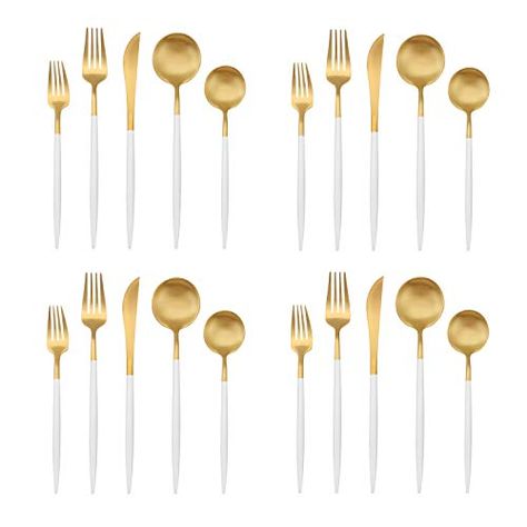 Amazon.com | Matte Gold Silverware Set with blue handle, Bysta 20-Piece Stainless Steel Flatware Set, Kitchen Utensil Set Service for 4, Tableware Cutlery Set for Home and Restaurant, Satin Finish, Dishwasher Safe: Flatware Sets Gold Silverware, Kitchen Utensil Set, Dessert Spoons, Stainless Steel Flatware, Kitchen Utensil, Dining Accessories, Soft Towels, Utensil Set, Spoon Set