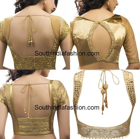 Gold Blouse Patterns for Sarees, saree blouse designs, gold color blouse back neck models Golden Saree Blouse Designs, Golden Blouse Designs, Gold Blouse Designs, Gold Saree Blouse, Gold Saree, Golden Blouse, Blouse Back Neck Designs, Blouse Design Images, Sari Blouse Designs