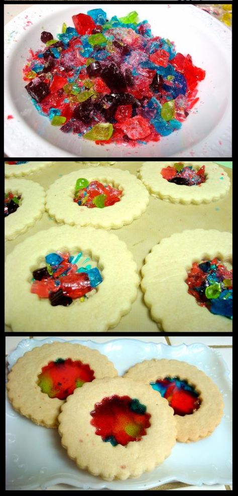 stained glass cookies - great craft to do for Phoenician colored glass project Glass Cookies, Stained Glass Cookies, Baking Sweets, Cookie Desserts, Holiday Baking, Christmas Baking, Christmas Desserts, Just Desserts, Cookie Decorating