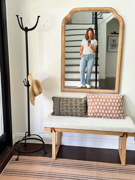 Entryway Coat Rack And Bench With Mirror, Entry Rack Ideas, Entry With Coat Rack, Minimal Entry Way Ideas, Front Entryway Hook Ideas, Entry Way Table Mirror, Mirror At Entryway, Wall Mirror With Bench, Entry Mirror And Bench