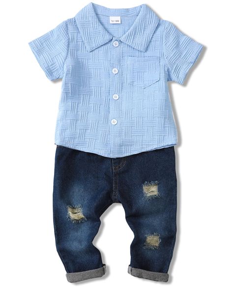 PRICES MAY VARY. Material: Baby boy clothes denim summer outfits, by using quality cozy fabric, both the button shirts top and the denim ripped pants are soft, breathable, stretchable and comfortable. Features: Short sleeve blue shirts with denim jeans together, this whole baby boy outfits set is cool, cute and stylish. Your baby boy will look more handsome and get lots of compliments when wearing this infant toddler baby boy clothes. Sizes: Baby boy clothes 12-18 months, 18-24 month boy clothes Clothes Sizes, Blue Shirts, Ripped Pants, Button Shirts, Cozy Fabric, Clothing Pants, Toddler Boy Outfits, Boy Clothes, Boys Jeans