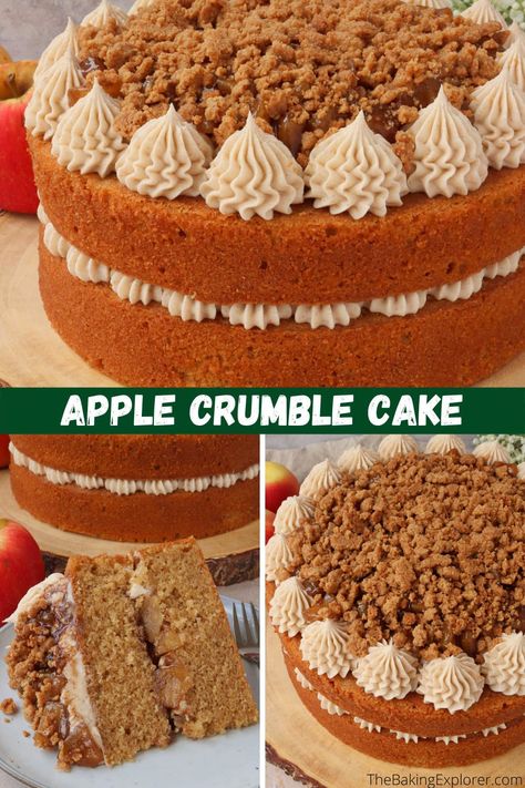 Recipe for Apple Crumble Cake - brown sugar and cinnamon cake with a spiced apple filling, cinnamon buttercream and crunchy crumble #thebakingexplorer #autumnbaking #applecake #cinnamoncake #cakerecipe Recipe For Apple Crumble, Cake Brown, Apple Crumble Cake, Cinnamon Buttercream, Autumn Baking, Apple Cakes, Apple Crumble Recipe, Tray Cake, Pastas Recipes