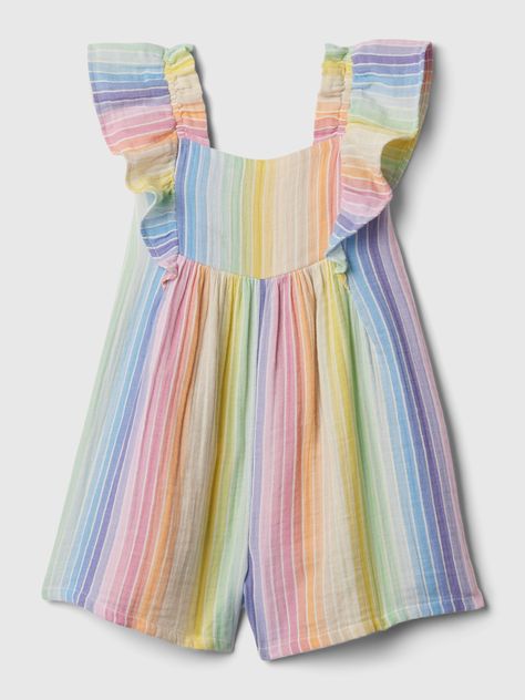 Soft crinkle gauze romper.  Square neck, smocked back.  Short flutter sleeves.  Certain styles have an allover Swiss dot detailing.  Straight, easy fit.  Hits above the knee.  Sizes range from baby to toddler. Hansel And Gretel Costumes, Girl Toddler Clothes, Gauze Romper, Kids Clothes Diy, Toddler Girl Clothes, Crinkle Cotton, Wide Leg Romper, Summer 2025, Kid Clothes