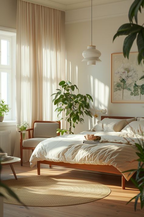 Step into tranquility with this stylish and natural bedroom interior. The well-lit space exudes warmth as sunlight filters through sheer curtains, casting dappled light on the inviting double bed adorned with white linens and a crumpled beige bedspread. A minimalist wooden chair, a vintage-inspired pendant lamp, lush green plants, and a small round table with a leisurely morning setup complete the serene atmosphere. Explore the perfect balance of modern and natural elements in this cozy haven. Light Green And Yellow Bedroom, Cozy Plant Bedroom, Calm Bedroom Aesthetic, Warm Toned Bedroom, Warm White Bedroom, Beige Bedspread, Sunlit Room, Light Green Bedrooms, Japandi Bedroom Ideas