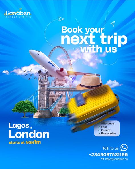 Need social media designs like this? Contact us today. Need to travel? No worries, book your trip fast, easily and with no worries with Lianaben Travels Ltd. #socialmedia #design #hire #hireme #hireusforyournextevent #graphic #graphicsdesign #followforfollowback #job #alertanacional #travel #agency #travelagency #lagos #lagosnigeria #abuja #fast #photooftheday Travel Agency Poster, Travel Agency Design, Travel Advertising Design, Travel Advertising, Travel Design, Advertising Design, Media Design, Travel Agency, Level Up