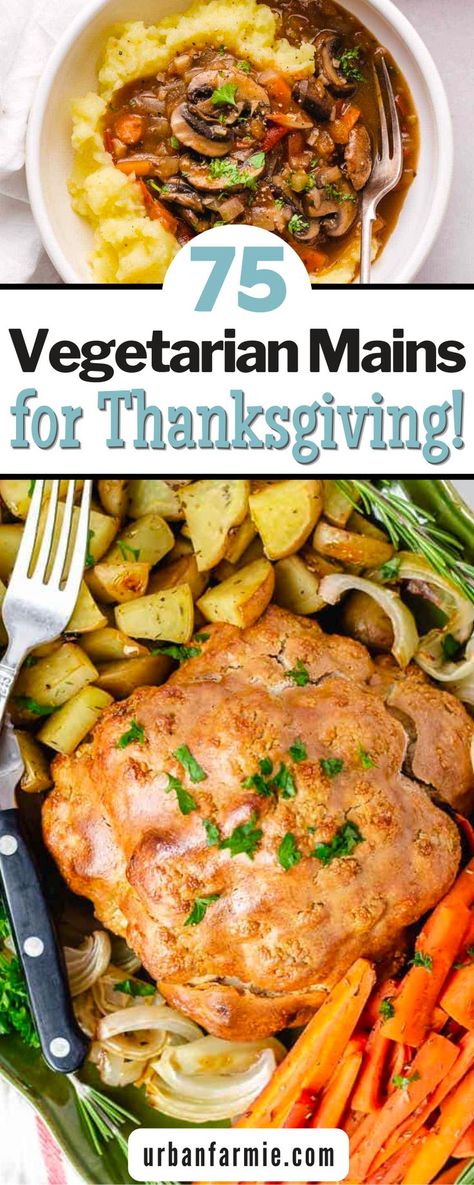 If you're looking for some vegetarian mains for Thanksgiving that will wow both your vegetarian and meat-eating guests, look no further! From nut roasts to delicious vegan stuffing and veggie-forward mains like a hearty stuffed squash, there are plenty of options to choose from. Forget about the Tofurky - these recipes are sure to please everyone at your table! Vegetarian Thanksgiving Protein, Vegetarian Thanksgiving Menu Ideas, Vegetarian Thanksgiving Crockpot Recipes, Vegetarian Main Course Thanksgiving, No Meat Thanksgiving Recipes, Vegetarian Mains Recipes, Thanksgiving Recipes For Vegetarians, Veg Thanksgiving Recipes, Vegan Dinner Party Main Dishes