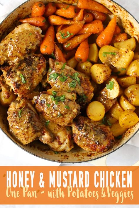 HONEY MUSTARD CHICKEN - Baked Honey Mustard Chicken traybake, for a deliciously sticky and tasty one pan meal. With added new potatoes and carrots for a complete dinner. #tamingtwins #honeyandmustard #onepanmeal #chickenrecipes #dinnerrecipes Maple Mustard Chicken And Potatoes, One Pan Chicken Potatoes And Carrots, Chicken Traybake Recipes Dinner, Chicken Potato And Carrots Baked, Healthy Warm Dinners, Traybake Recipes Dinner, Meals With Carrots, Comfort Chicken Recipes, Tray Bakes Dinner