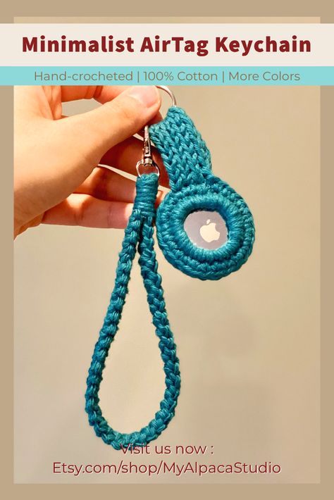 SAVE & FOLLOW US 💗🙏 One-of-a-kind AirTag Holder Keychain (1 count). Hand crocheted with cotton yarn. You have a custom engraved Airtag, and now you deserve a more unique keychain for the lil taggie!! Made to order, 15 color choices, wristlet add-on available. Also available in CROCHET PATTERN @MyAlpacaStudio #airtagaccessories #airtagcase #airtagkeychainDIY #handmadekeychain #macramewristlet #macramekeyfob #crochetkeychain #apple #handbagcharm #handmadegiftidea Air Tag Holder Crochet Pattern, Diy Airtag Keychain, Crochet Airtag Holder Pattern, Crochet Airtag Case, Airtag Case, Unique Keychain, Crochet Men, Bling Ideas, Air Tag