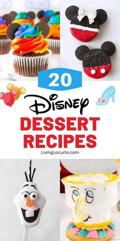 Best Disney themed desserts for a Disney party! Mickey and Minnie Mouse, Frozen, Star Wars, Beauty and the Beast themes and more! Easy homemade cakes, cookies and no-bake recipes to try! Find more at LivingLocurto.com Disney Baking Ideas, Disney Themed Desserts Treats, Easy Disney Desserts, Disney Cupcakes Ideas Easy, Disney Recipes From Movies Desserts, Disney Theme Treats, Disney Inspired Cakes, Disney Treats Recipes, Disney Theme Desserts