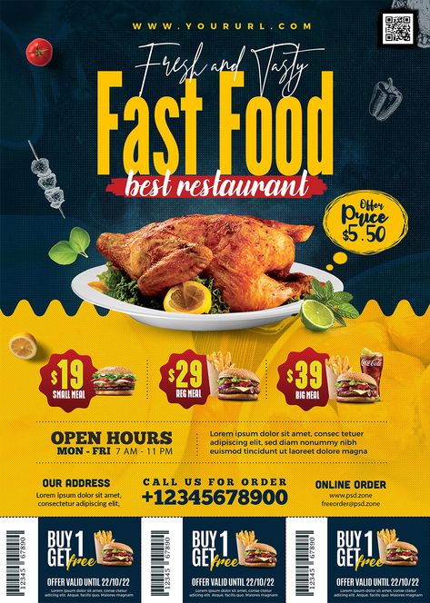 Fast Food Restaurant Promotion Flyer PSD - PSD Zone Fast Food Advertisement, Fast Food Flyer Design, Food Advertisement Poster Products, Restaurant Flyer Design Ideas, Flyer For Food, Fast Food Banner Design, Creative Food Poster Design, Food Design Poster, Restaurant Poster Design