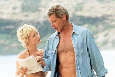 Pin for Later: The Most Memorable Movie Beach Scenes Six Days Seven Nights Robin (Anne Heche) starts getting to Quinn (Harrison Ford) — in a good way — after a crash landing. Six Days Seven Nights, Princess Diana Hair, Anne Heche, Leading Men, Curtain Call, Harrison Ford, Couple Relationship, Ellen Degeneres, Love Movie