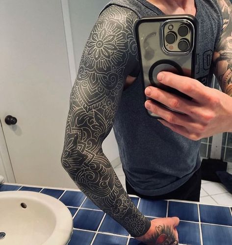 Blacked Out Sleeve With White Ink, Blackout White Ink Tattoo, Blackout Sleeve With White Ink, White Over Blackout Tattoo, White On Black Tattoo Sleeve, White On Black Tattoo Healed, Black And White Arm Tattoos, White Over Black Tattoo Cover Up, Black And Grey Cover Up Tattoo