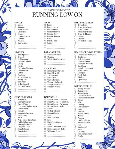 A FREE Easy Pre-Made Grocery Shopping List | The Newlywed Pantry Dinner Calendar, Grocery Store List, Senior Meals, Grocery Checklist, Food Planning, Pantry List, Kitchen Essentials List, Cleaning Checklists, List To Make