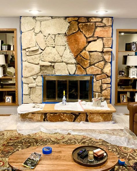 Limewash Stone Fireplace Makeover: Bye Bye Orange Stone Fireplace, Hello Neutral Stone Beauty! - Average But Inspired - learn to limewash stone or rock to update an old fireplace! #limewash #stonefireplaceupdate #fireplacemakeover Refinish Rock Fireplace, 1980s Stone Fireplace Makeover, Limewash Stone Interior, How To Update Rock Fireplace, How To Lime Wash Stone Fireplace, Rock Fireplace Remodel, Yellow Stone Fireplace, Romabio Limewash Stone Fireplace, Round Stone Fireplace Makeover