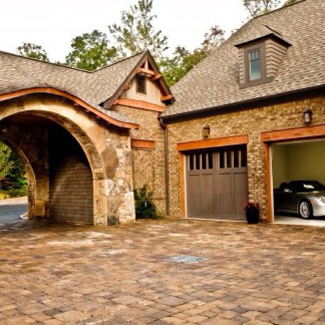 Beautiful garage...I'll take the car too. Drive Through Garage, Double Volume, Travelers Rest, Garage Door Design, Porte Cochere, European House, Traditional Exterior, Craftsmen Homes, Mountain Homes