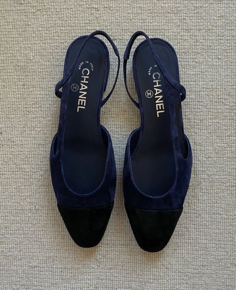 Old money, chanel slingback Chanel Slingback Flats, Chanel Slingback Shoes, Slingback Chanel, Navy Blue Heels, Chanel Slingback, Chanel Flats, Navy Chanel, Spring Chicken, Shoes Heels Classy