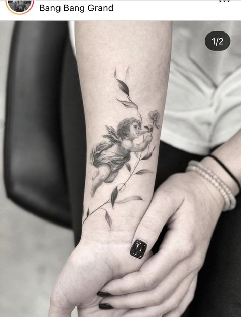 Angel On Arm Tattoo, Microrealism Angel Tattoo, Cherub And Flowers Tattoo, Cherub Flower Tattoo, Angel Holding Flowers Tattoo, Garden Angel Tattoo, Vintage Angel Tattoo, Angel With Flowers Tattoo, Cherub Tattoo Sleeve