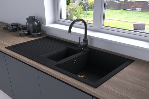 Black Sinks In Kitchen, Black Sink Kitchen, Grey Kitchen Sink, Black Kitchen Taps, Galley Kitchen Design, Kitchen Plan, Modern Kitchen Sinks, Kitchens Cabinets, Black Kitchen Sink