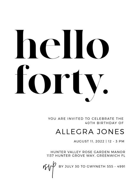 Hello Forty Minimalist 40th Birthday Party Invitation - Etsy Australia 40 Birthday Party Invitations, 40 Party Invitation, Modern Birthday Invitations, 40 Invitation Birthday, 40th Party Invitations, Party Invitations Aesthetic, Black 40th Birthday Party, 40th Invite, Bday Invitation Card