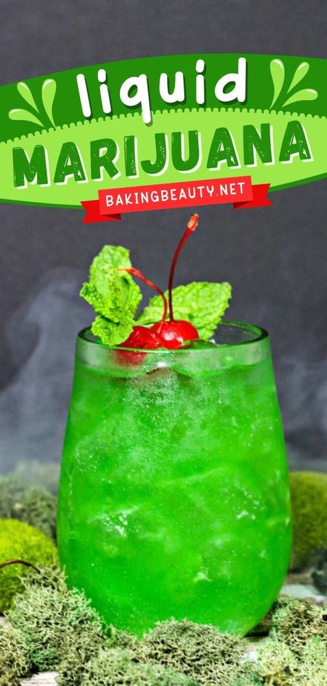 Movie Themed Drinks Cocktails, Walk Me Down Drink, Liquid Mary J Drink, Liquid Marajawana Drink, Liquid Marajawana Drink Recipe, Green Alcoholic Drinks For A Party, Liquid Marija Drink Recipe, Green Drinks Alcohol, St Patty Drinks