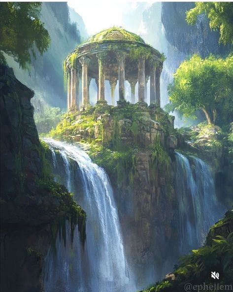 Dnd Ruins Art, Overgrown Ruins Fantasy Art, Fantasy Ancient Ruins, Ancient Ruins Concept Art, Waterfall Fantasy Art, Fantasy Ruins, Dnd Setting, Overgrown Ruins, Fantasy Waterfall