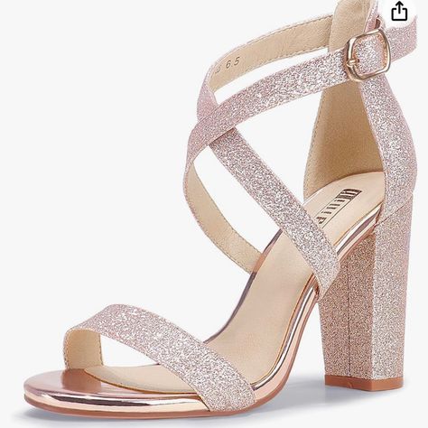 Rose Gold Shiny Heels. Retails $53.99 On Amazon Gold Chunky Heels, Low Block Heel Sandal, Navy Blue Heels, Silver Strappy Heels, Rose Gold Heels, Gold Strappy Heels, Sparkly Heels, Classy Shoes, Black Strappy Heels