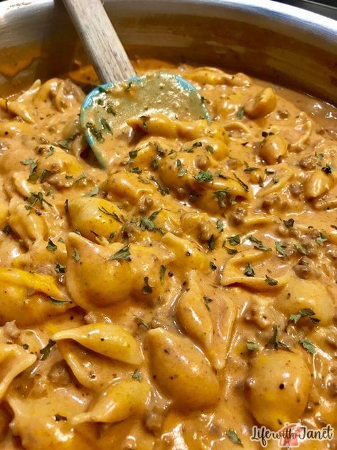 Creamy Beef and Shells Creamy Beef Bowtie Pasta, Mini Shell Pasta Recipes, Creamy Beef And Pasta, Recipes With Shell Pasta, Creamy Beef And Shells Recipe, Creamy Beef Pasta Recipes, Creamy Velveeta Beef And Bow Tie Pasta, Creamy Beef And Bowtie Pasta, Creamy Beef And Bow Tie Pasta