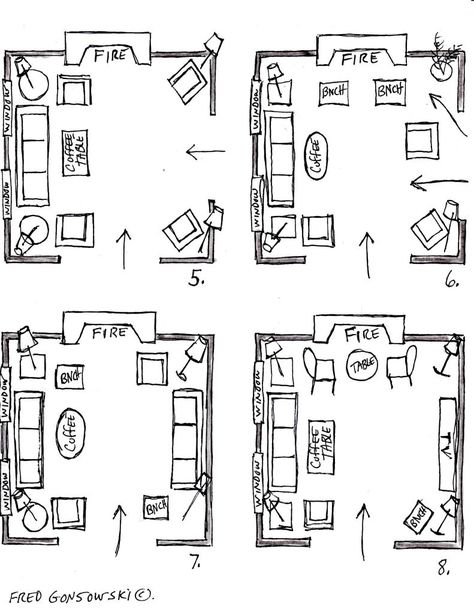 Furniture Arranging in Living Room/ Fred Gonsowski Fireplace Furniture Arrangement, Living Room Floor Plans, Rectangular Living Rooms, Fireplace Furniture, Small Living Room Furniture, Sala Grande, Living Room Furniture Layout, Living Room Furniture Arrangement, Living Room Shelves