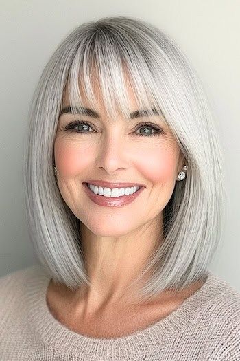 Save this pin for the best silver hair color ideas. This chic silver lob, also known as a long bob, combines manageability with modern style. Wispy bangs soften the look. Grey Shoulder Length Hair, Natural Grey Hair Styles, Silver Hair With Bangs, Style Wispy Bangs, Icy Silver Hair, Gray Hair With Bangs, Silver Hair Color Ideas, Long Bob Blonde, Hair Bobs