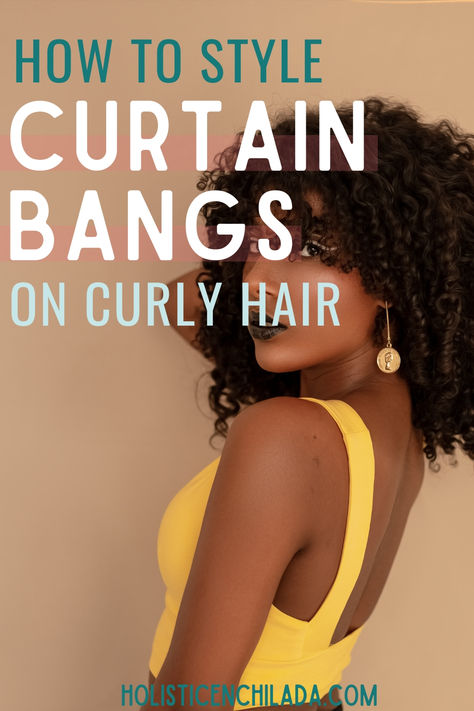 How to style curtain bangs on curly hair for an easy, low effort curly bangs style, plus a few inspiration photos of gorgeous curly bangs. Curly Hair Bangs Cowlick, Natural Curly Curtain Bangs, Curly Bangs Side Part, 2b Hair With Curtain Bangs, Curly Hair Ponytail With Bangs, Frizzy Hair Bangs, Bangstyle Hair Long Curly, Curly Face Framing Bangs, Side Bangs Curly Hair Natural Curls