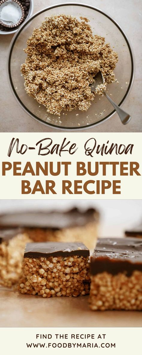 These No-Bake Quinoa Peanut Butter Bars are quick and easy to make and they only require 10-15 minutes in the fridge before you can enjoy them! This recipe is a great option for someone with a sweet tooth. With ingredients like peanut butter, puffed quinoa, and hemp seeds, each of these squares is healthy and are an excellent source of protein. Puffed Quinoa Dessert, Desert Quinoa Recipes, Healthy Quinoa Desserts, Quinoa Peanut Butter Bars, Puffed Quinoa Bars Healthy, Puffed Quinoa Marshmallow, Quinoa Bars Recipes, Puffed Quinoa Recipes Healthy, Quinoa Dessert Recipes Healthy