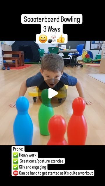 Adam Griffin on Instagram: "3 Ways to play one of my all-time favourite scooter board games for motor skills and sensory "heavy work" 😄🎳♥️  Prone: ✅️ Heavy work ✅️ Great core/posture exercise ✅️ Silly and engaging ⛔️ Can be hard to get started as it's quite a workout  Booster: ✅️ Super engaging and fun for the kid ✅️ Help with the hardest part of the exercise (getting moving) ✅️ Holding prone extension (superman) os a super position  ⛔️ Keep those hands high and watch the little fingers   Pushing the "Biggest Bowling Ball" 😁: ✅️ Really Heavy work (proprioception ++++) ✅️ Child led (let's the kid "crash" the adult 😅) ✅️ Super duper silly and engaging ⛔️ if its too heavy you can help out a little with your feet   I really do love this job 😄♥️🎳🤘  #occupationaltherapy  #motorskillsgames Scooter Board Activities For Kids, Scooter Board Activities, Sensory Circuits, Heavy Work Activities For Kids, Ball Games For Kids, Heavy Work Sensory, Gross Motor Activities For Kids, Bowling Games For Kids, Kid Exercise