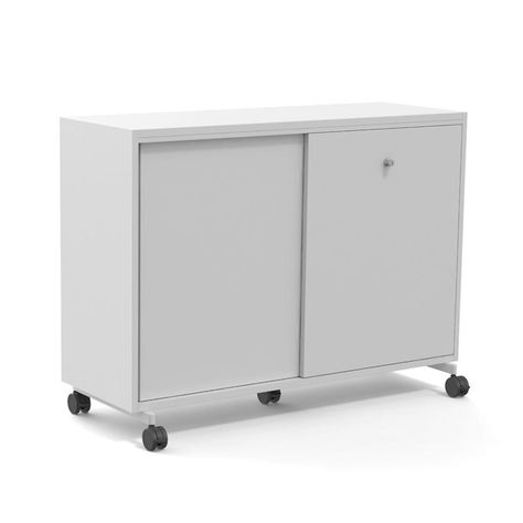 A white Combo cabinet with sliding doors and castors