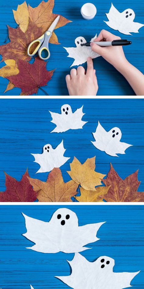 Ghost Crafts Preschool, Halloweenpyssel Barn, Painted Ghost, Leaves Craft, Autumn Leaves Craft, Ghost Crafts, Halloween Crafts Preschool, Casa Halloween, Halloween Crafts For Toddlers