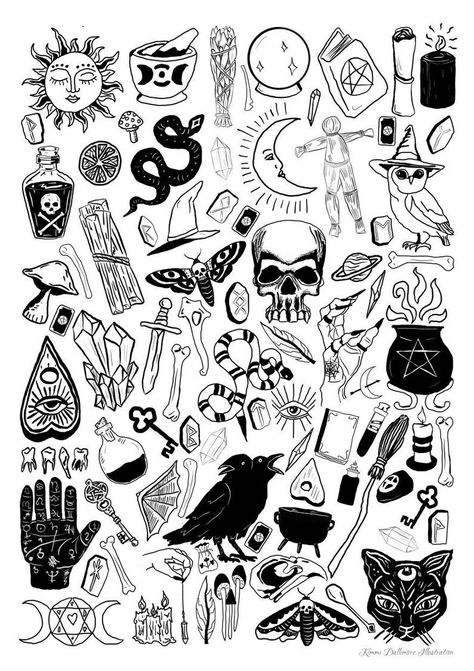 Witchy Art Print A3 A4 Witchy Decor Black and White Witchy - Etsy UK Black And White Witchy Tattoos, Witchy Black And White Art, Tattoo Ideas On Paper Art Prints, Witchy Line Tattoo, Witchy Aesthetic Drawing, Flash Art Tattoo Ideas Witchy, Witchy Nature Tattoo, Witchy Patchwork Tattoo, Witchy Drawings Art