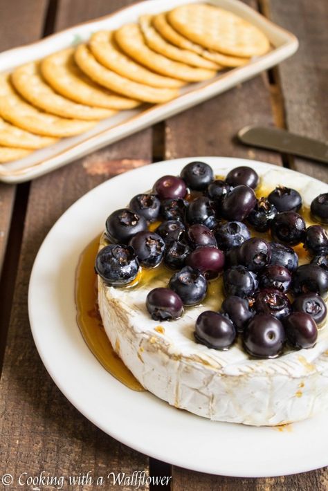 Baked Brie with Honey and Blueberries Blueberry Baked Brie, Baked Brie With Honey, Brie With Honey, Brie Baked, Baked Brie Honey, Honey Brie, Brie Cheese Recipes, Baked Brie Recipes, Brie Appetizer