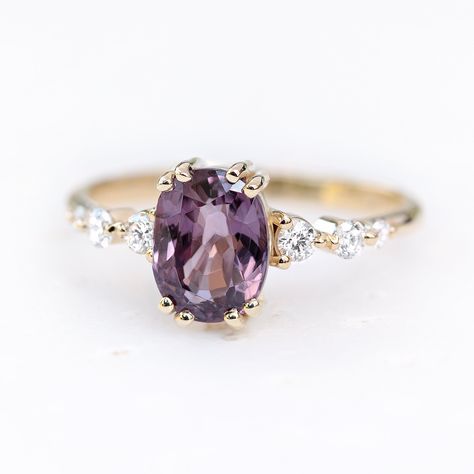 Unique Spinel & Diamonds Engagement Ring, purple spinel August birthstone ,Alternative Bride ,14k Yellow gold ring, Size 6.5 ,ready to ship #BirthstoneRing #SpinelRing #BlushWeddingRing #AugustBirthstone #PurpleGemstoneRing #PromiseRing #OvalEngagementRing #GoldDiamondRing #UniqueDiamondRing #SpinelEngagement Purple Engagement Rings, Pop Jewelry, Candy Pop, Alternative Bride, Spinel Ring, Oval Diamond Engagement Ring, Unique Diamond Rings, August Birthstone, Diamond Engagement Ring Set